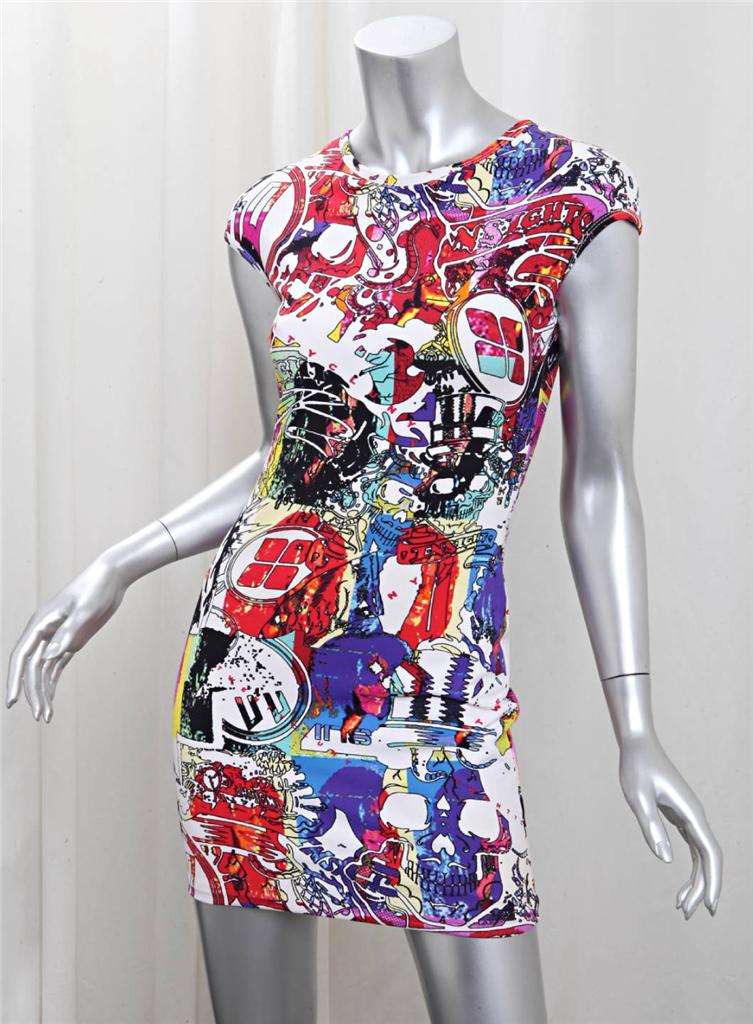 TWENTY CLUNY Multi-Color Comic Book Print Body Con Fitted Mini Dress sz ...