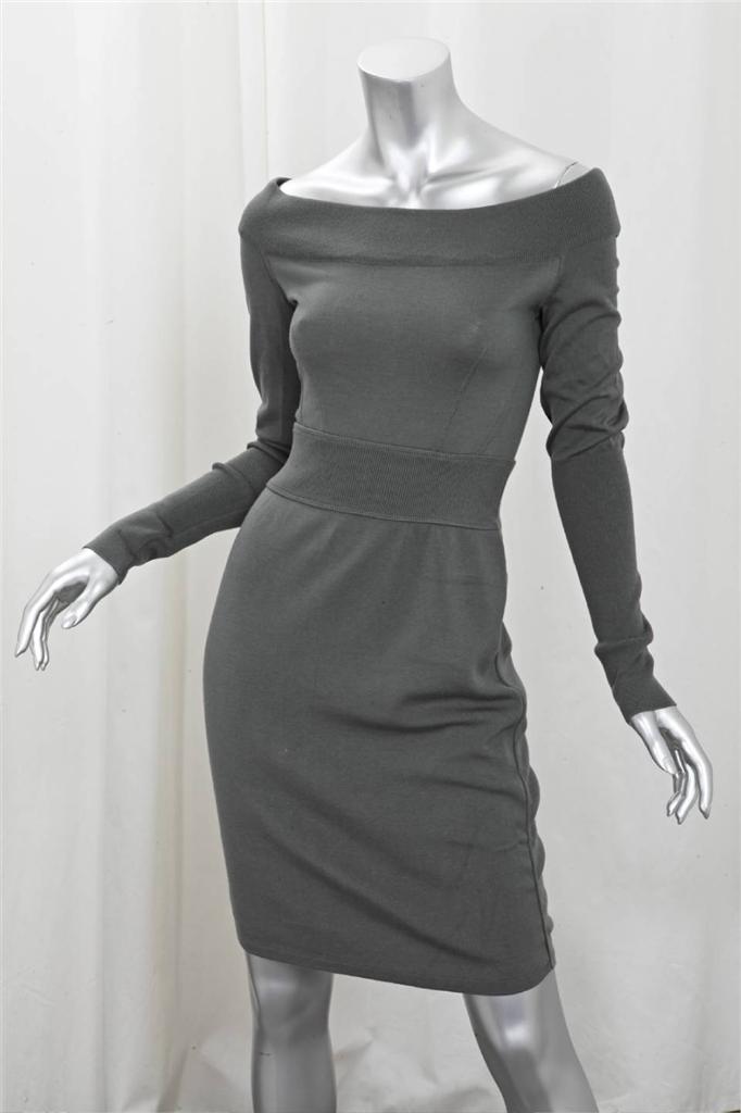 ALAIA Womens Green Wool Knit Off-Shoulder Long-Sleeve Sheath