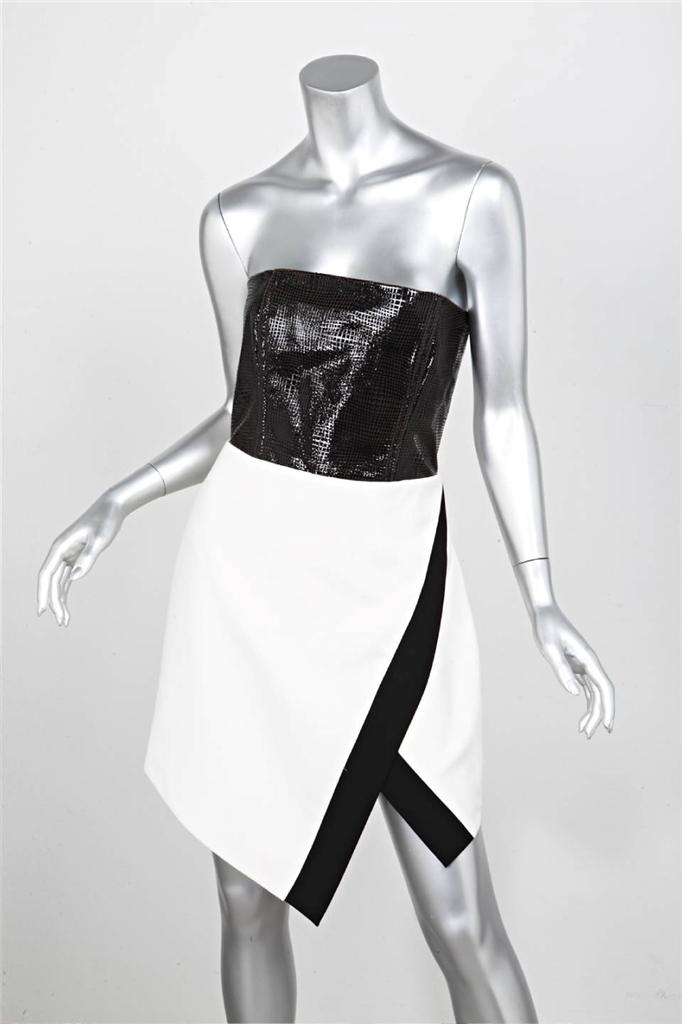 mason leather dress Womens Black+Cream Lasercut Lambskin Strapless Sheath 10 Intermix leather
