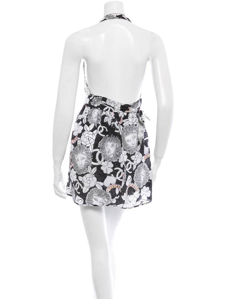 CHANEL Womens Black+White Lion Floral Print Silk Halter Fit+Flare Dress ...