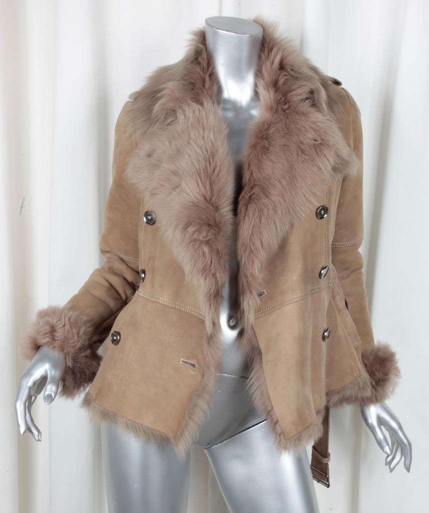 BURBERRY Womens Taupe Shearling Fur Belted Peacoat Trench Coat Jacket ...