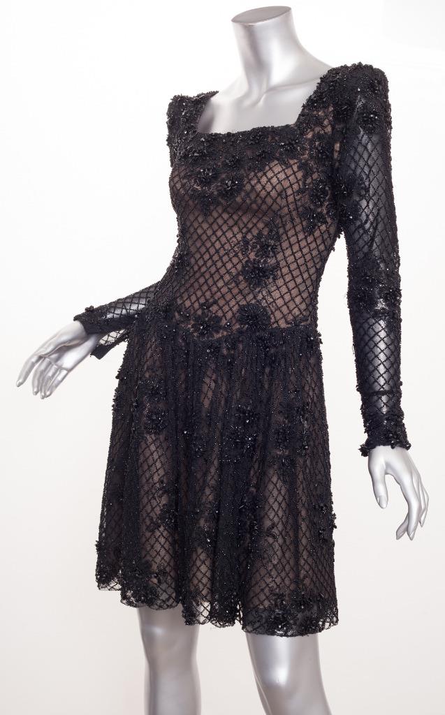 NOLAN MILLER COUTURE *VINTAGE* Black Lace Beaded Long-Sleeve Tulle Mesh ...