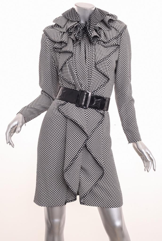 GALANOS *VINTAGE* Black+White Checkered Long-Sleeve Ruffle  display picture 1