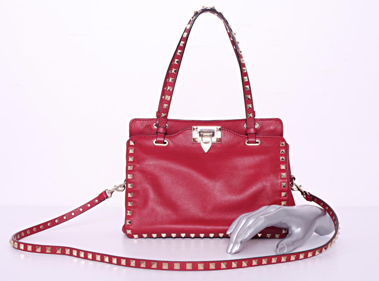 VALENTINO Red Small Gold Studded Rockstud Leather Tote Handbag Purse ...
