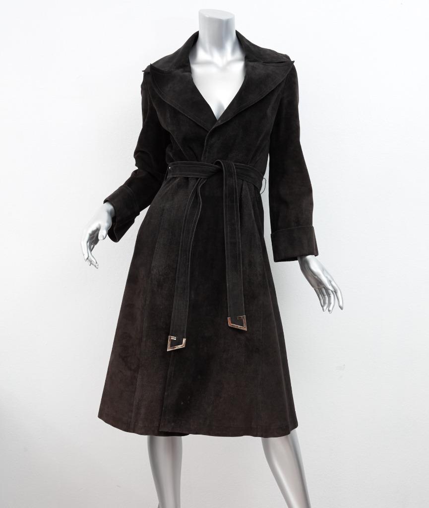 Details about GUCCI Womens VINTAGE Black / Brown Suede Long,Sleeve Belted Trench Coat Jacket S
