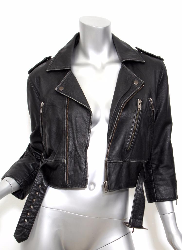 KATE MOSS x TOPSHOP Womens Black Distressed Leather Cropped Moto Jacket ...