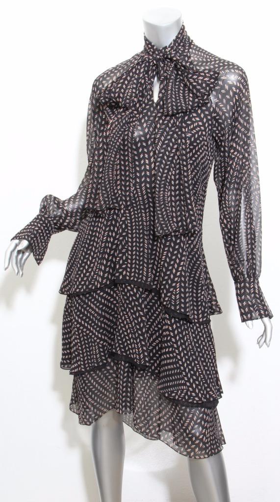 CHLOE★素敵！Grain De Riz Black Print Layered Tie Neck Dress CHLOE Womens Grain De Riz Black Print Layered Tie Front