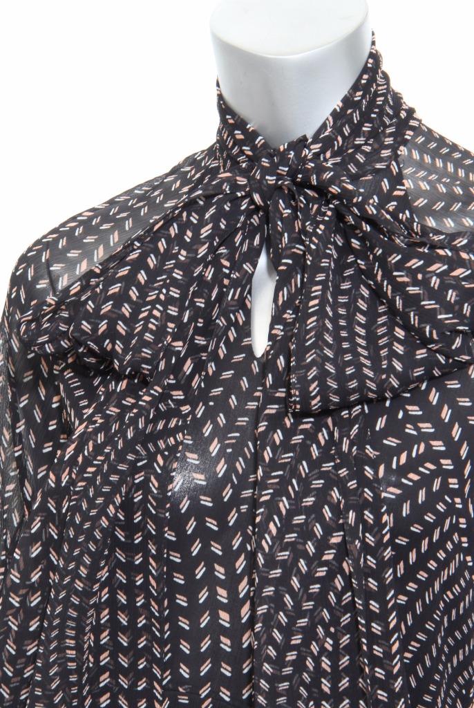 CHLOE★素敵！Grain De Riz Black Print Layered Tie Neck Dress CHLOE Womens Grain De Riz Black Print Layered Tie Front