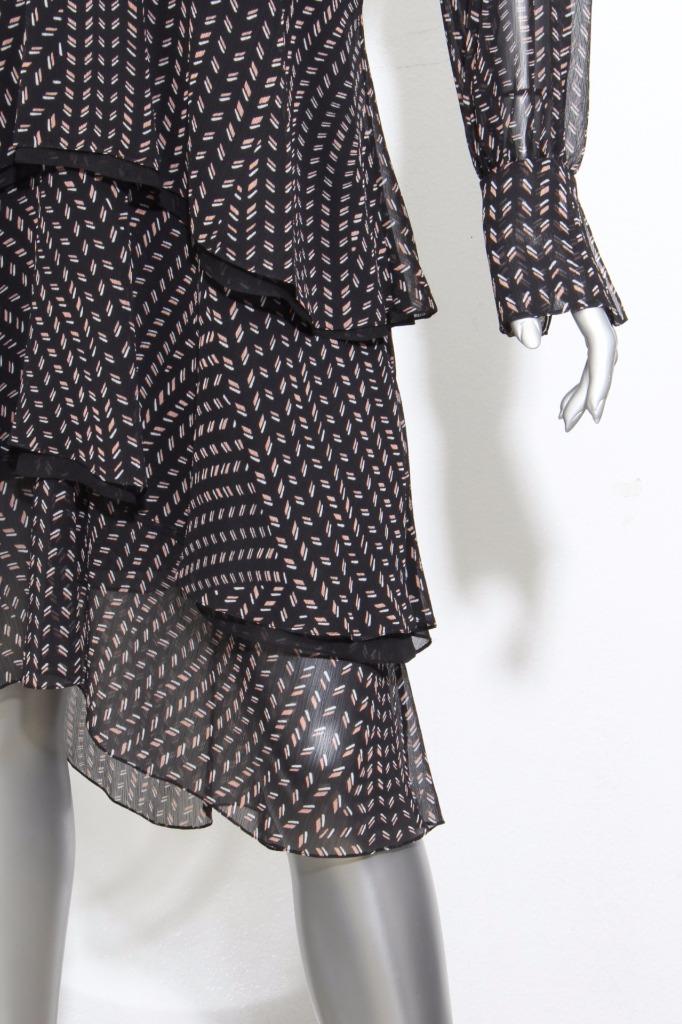 CHLOE★素敵!Grain De Riz Black Print Layered Tie Neck Dress CHLOE Womens Grain De Riz Black Print Layered Tie Front