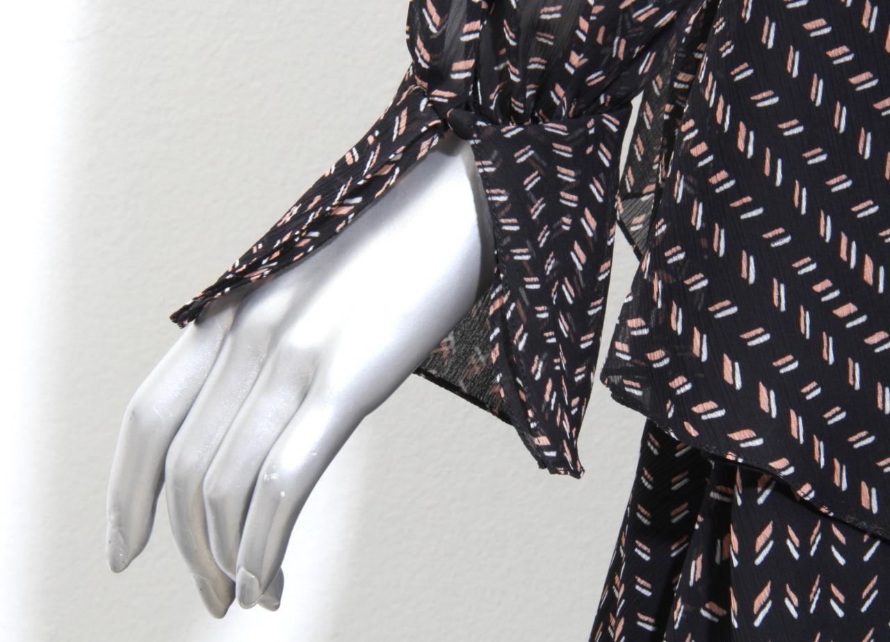 CHLOE★素敵！Grain De Riz Black Print Layered Tie Neck Dress CHLOE Womens Grain De Riz Black Print Layered Tie Front