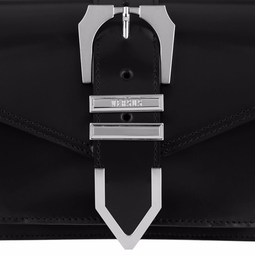 最終 クルニSquare Check Leather Shoulder Bag VERSUS VERSACE Black Leather Silver Buckle Structured Giorno