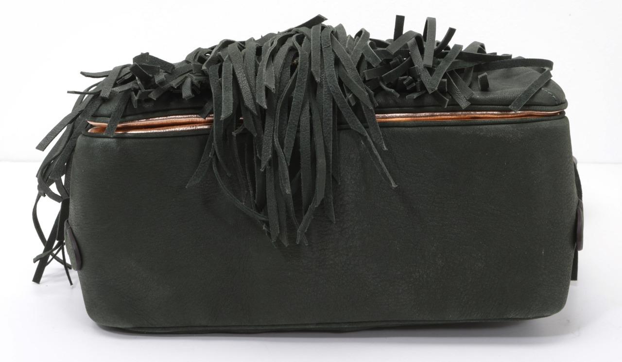 Sacoche THE VOLON En Cuir Vert Forêt Avec Franges - Modèle "SHU SHU" - Neuf Sans étiquette