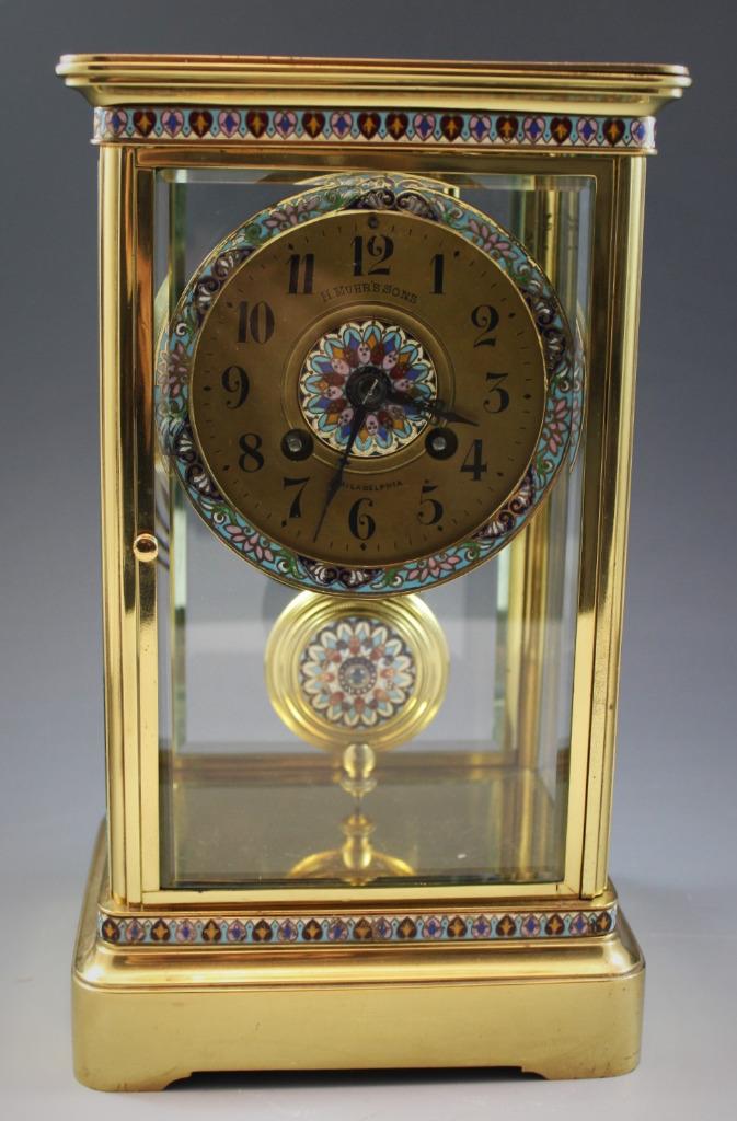 C1890s French Crystal Regulator Mantle Clock w/ Champleve Cloisonne