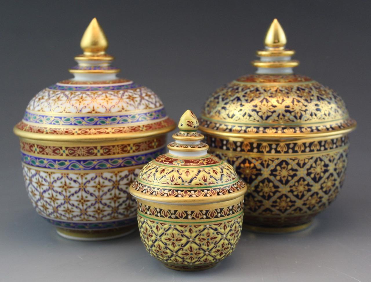 Group of 3 Persian Style Porcelain Covered Bowls or Cups Thai Benjarong ...