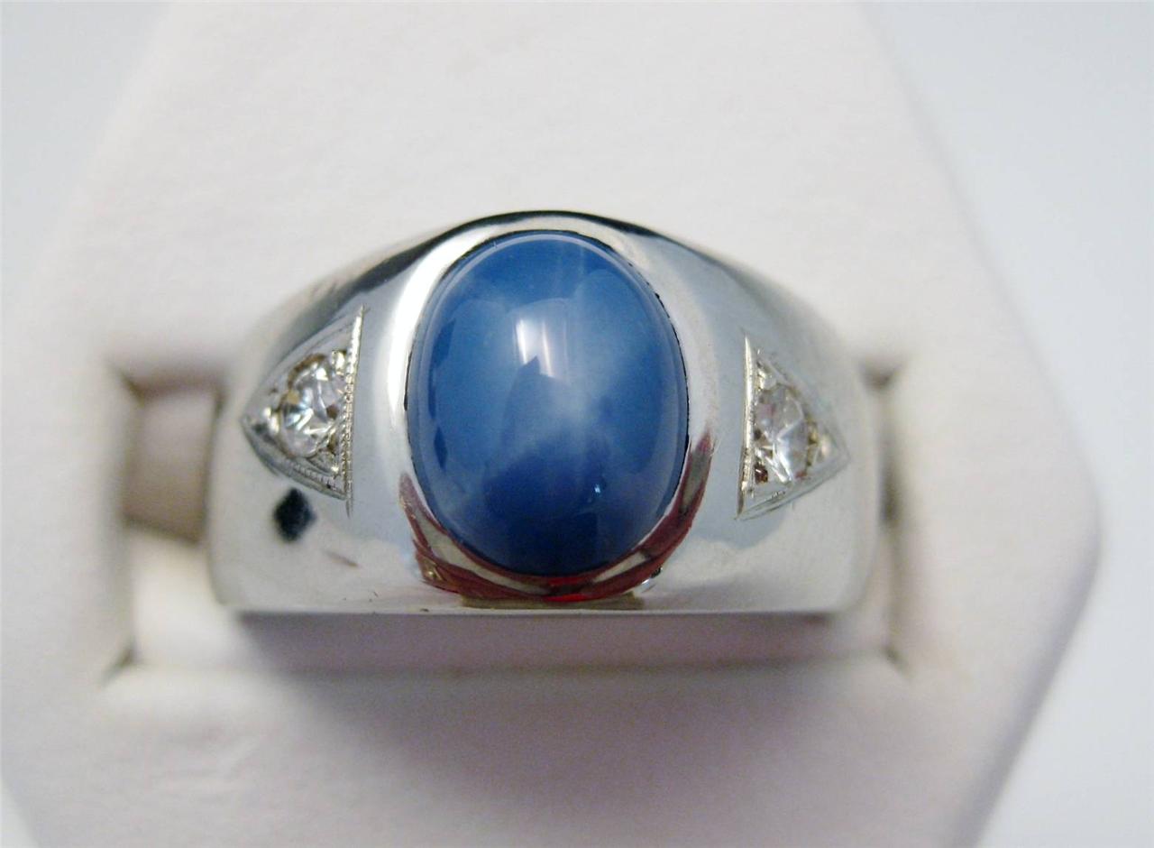 C1950s LINDY STAR SAPPHIRE & DIAMOND 14K WHITE GOLD WIDE BAND RING SIZE ...