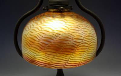 c1910 tiffany studios bronze & glass harp form lamp base w