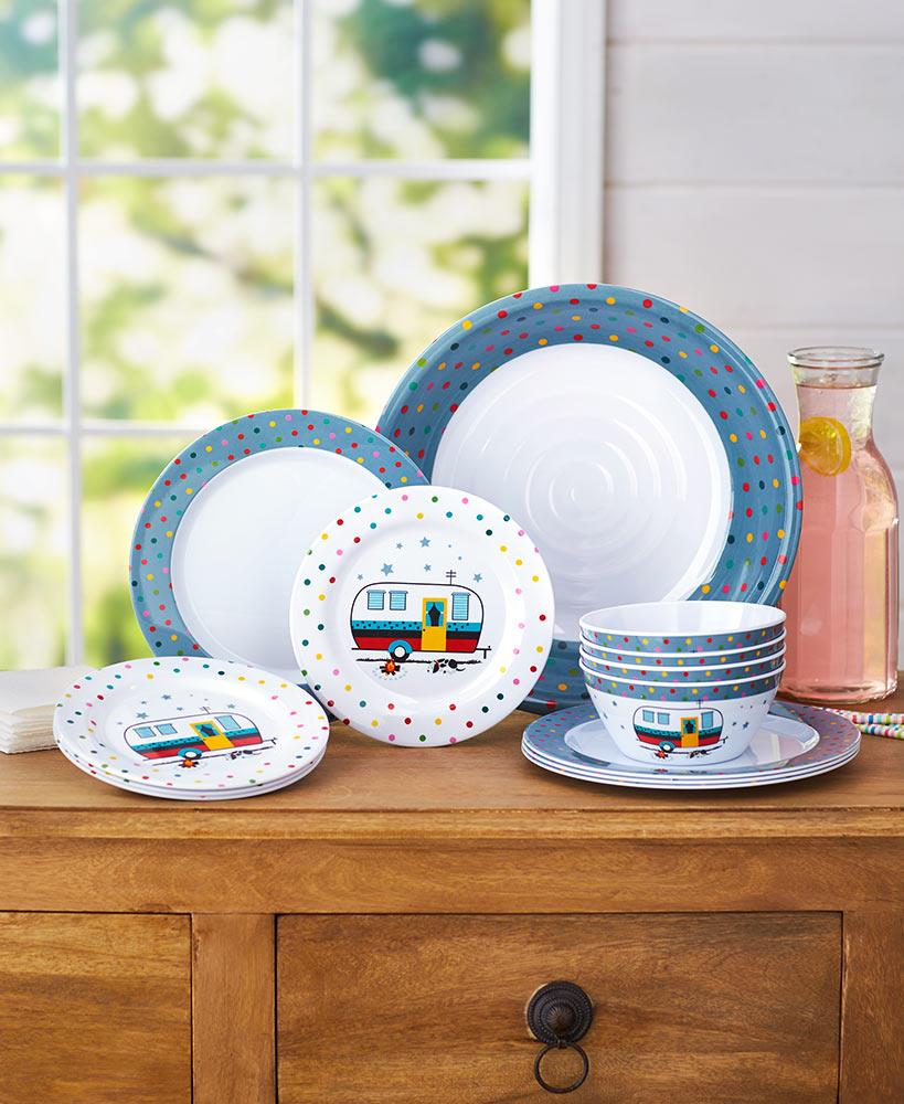 HAPPY CAMPER 12 PIECE DINNERWARE SET Great for RV Kitchen Picnics