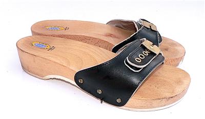 DR SCHOLLS Original 7 M BLACK Leather Wooden Exercise Sandals Shoes 70s