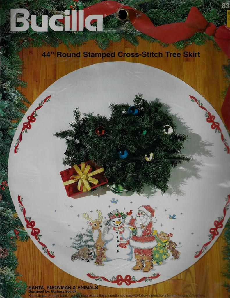 44" Stamped Cross Stitch Christmas Tree Skirt Kit Santa Snowman Animals