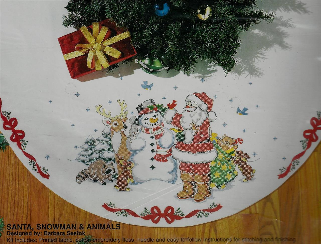 44" Stamped Cross Stitch Christmas Tree Skirt Kit Santa Snowman Animals