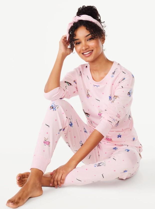 NEW Choose Size Pink Puppy Dog Print Stretchy 3 Pc Pajama Lounge Set JOYSPUN