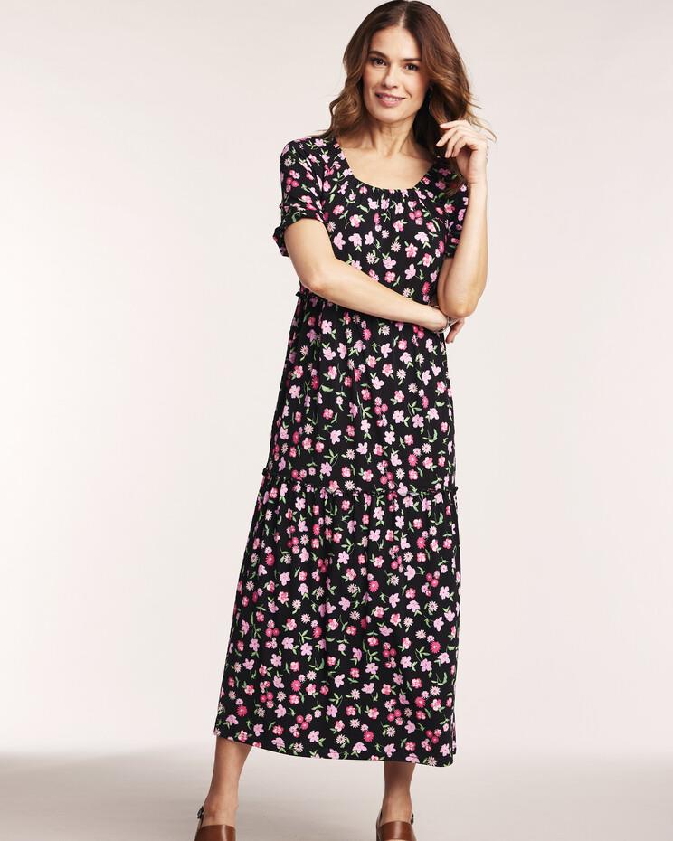 NEW Choose Petite Sz Black Floral Stretchy Jersey Knit Tiered Midi Dress BLAIR - Picture 2 of 3