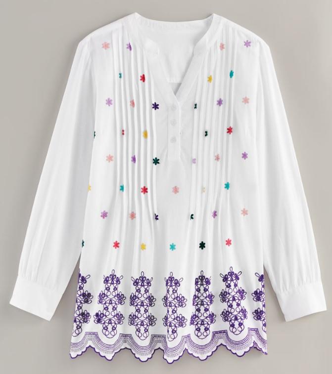 NEW White Sz Medium or XL Embroidered Flowers Pintuck Cotton Tunic Shirt BLAIR - Picture 3 of 4