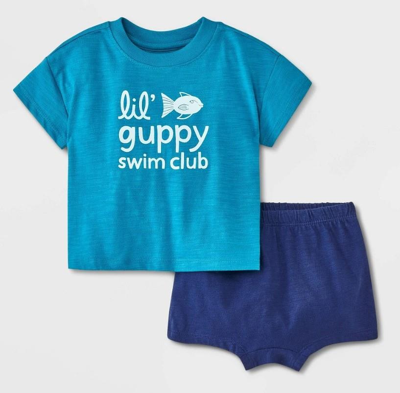 NEW NWT Choose Sz Infant Boy Blue ‘LIL GUPPY SWIM CLUB’ Shirt & Shorts 2 Pc Set