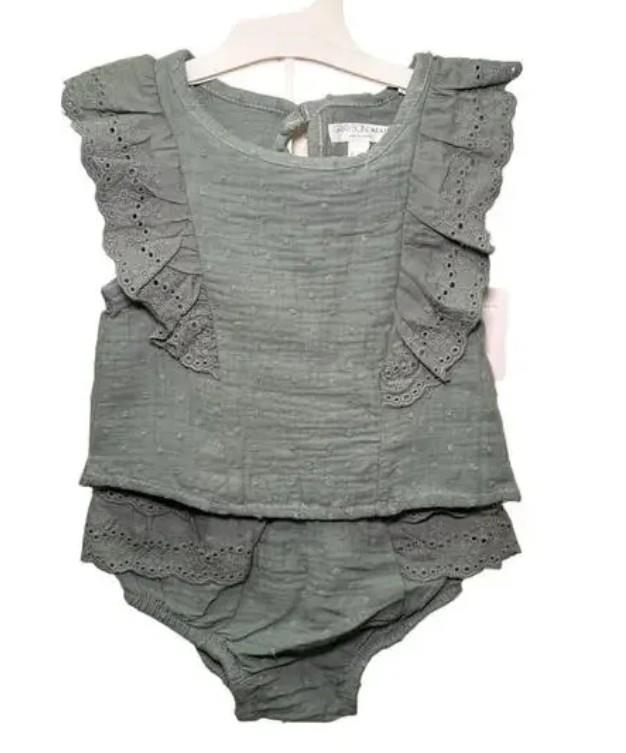 NEW Choose Sz Baby Girls Green Ruffled Eyelet Shirt & Bloomers 2 Pc Set GRAYSON