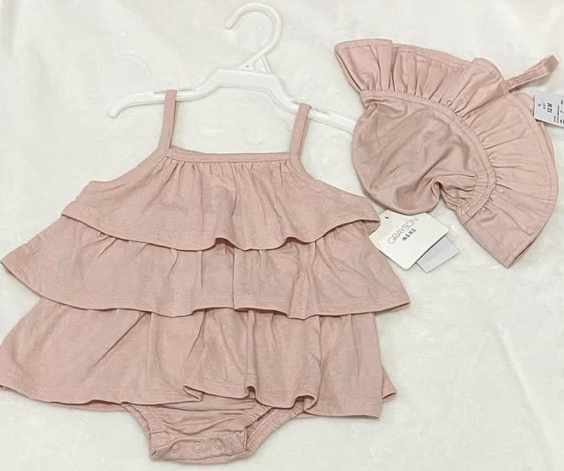 NEW NWT Choose Sz Baby Girls Muted Pink Tiered Dress & Cap 2 Pc Set GRAYSON MINI