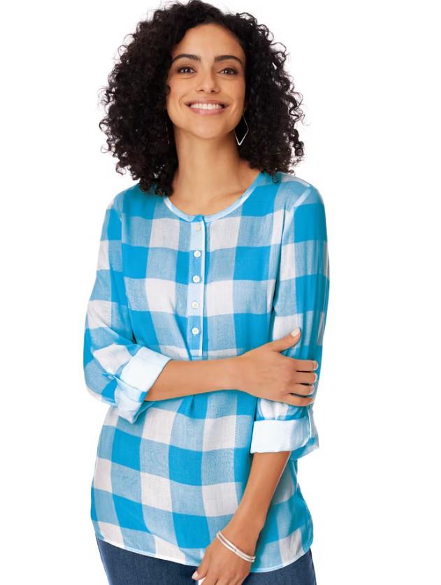 NEW NWT Choose Sz Bright Blue Gingham Comfy Roll Tab Sleeve Popover Shirt BLAIR
