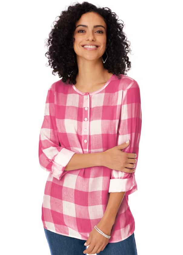 NEW NWT Choose Sz Fuschia Pink Gingham Comfy Roll Tab Sleeve Popover Shirt BLAIR