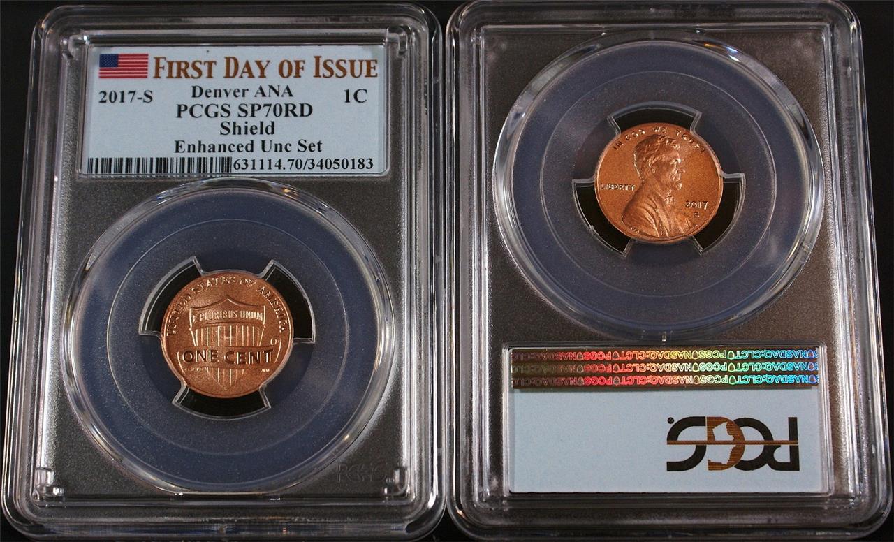 2017-S 1C Enhanced Set Shield Penny PCGS SP70RD First Day of Issue Denver ANA