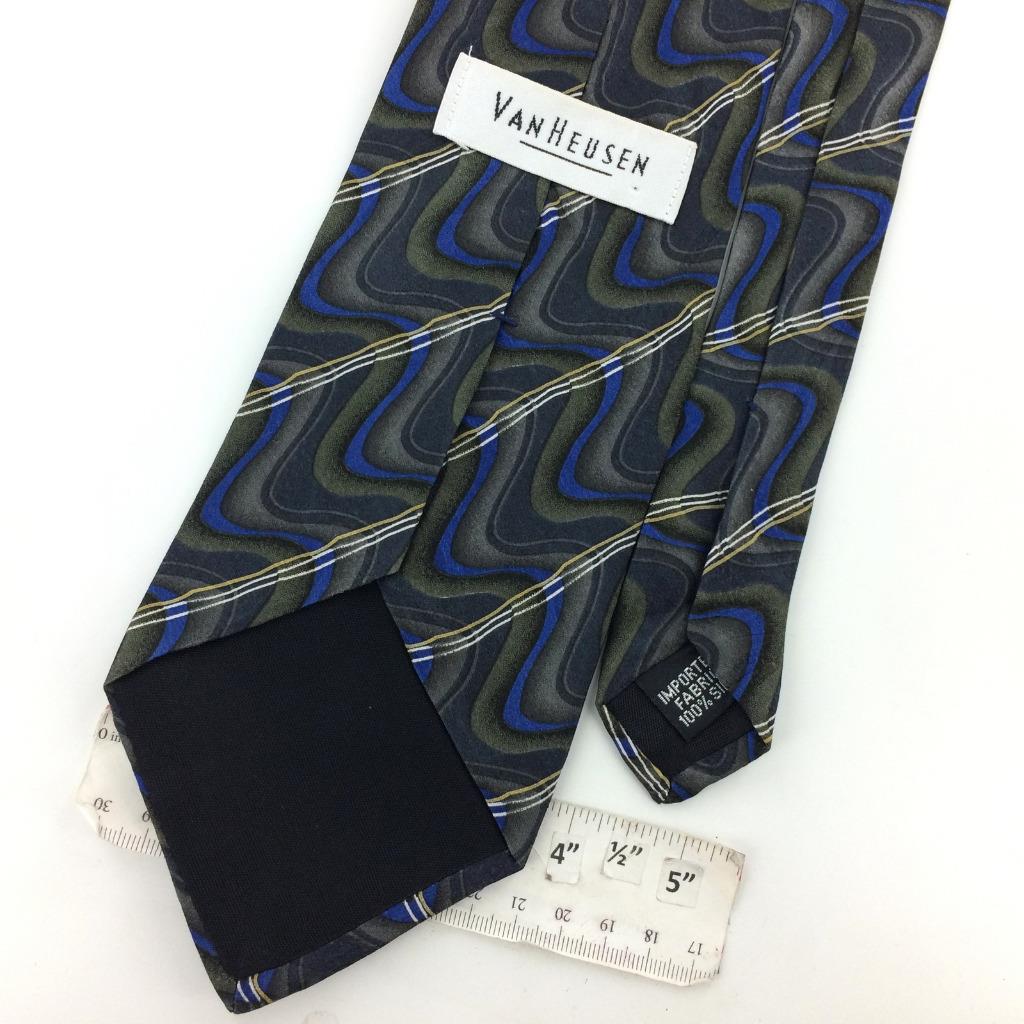 VAN HEUSEN Made In USA TIE WAVES GREY BLUE 100% Silk Necktie Mens Ties ...