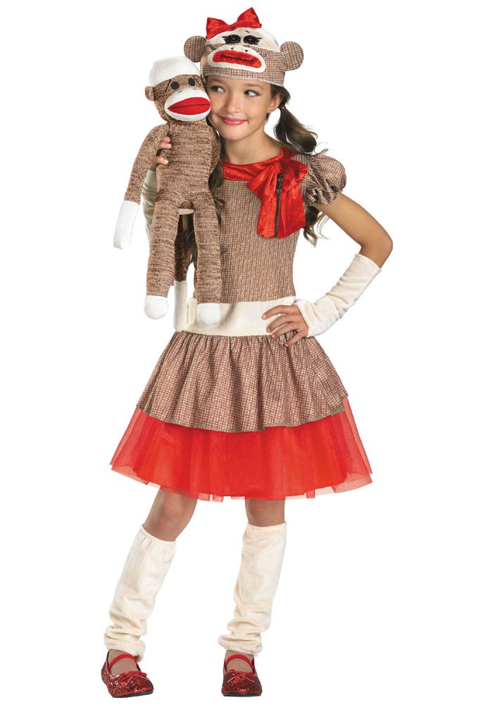 Girls Sock Monkey Costume Halloween Suit Fancy Dress Skirt Mittens ...