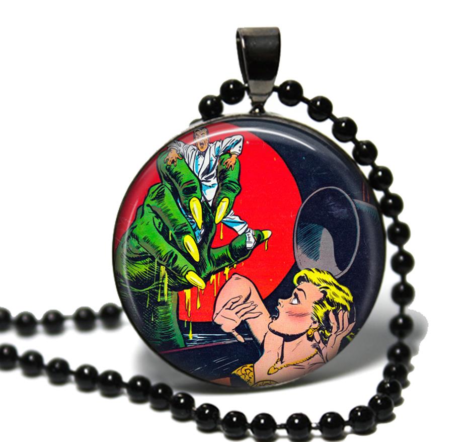 Horror Comic Book Image Glass Top Pendant Necklace w/ Chain Handcrafted Gift