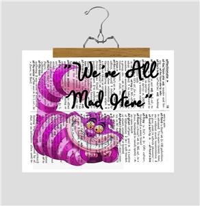 Alice In Wonderland Quote We're All Mad Cat Recycled Dictionary Art Gift Print