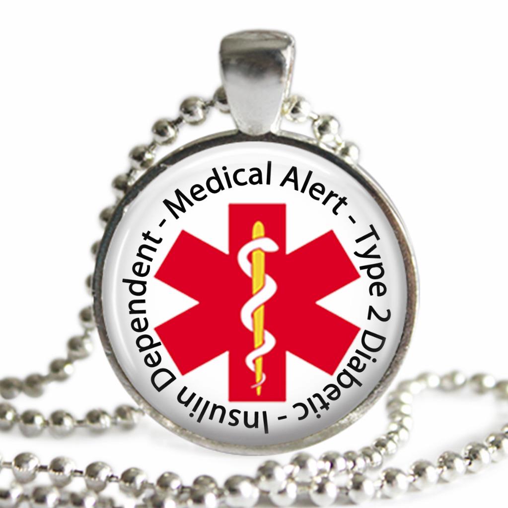 Type 2 Diabetic Insulin Dependent Medical Alert Necklace Glass Top