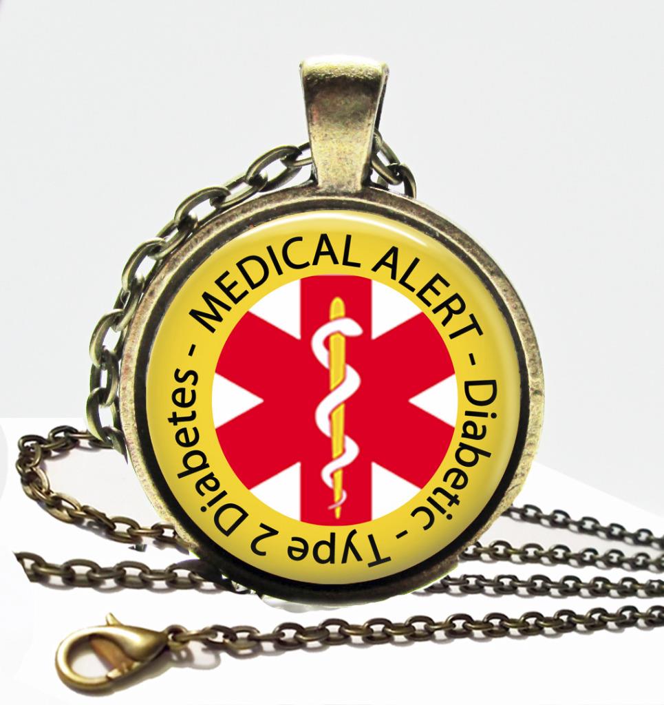 Diabetic Type 2 Diabetes Medical Alert Necklace Glass Top Bronze