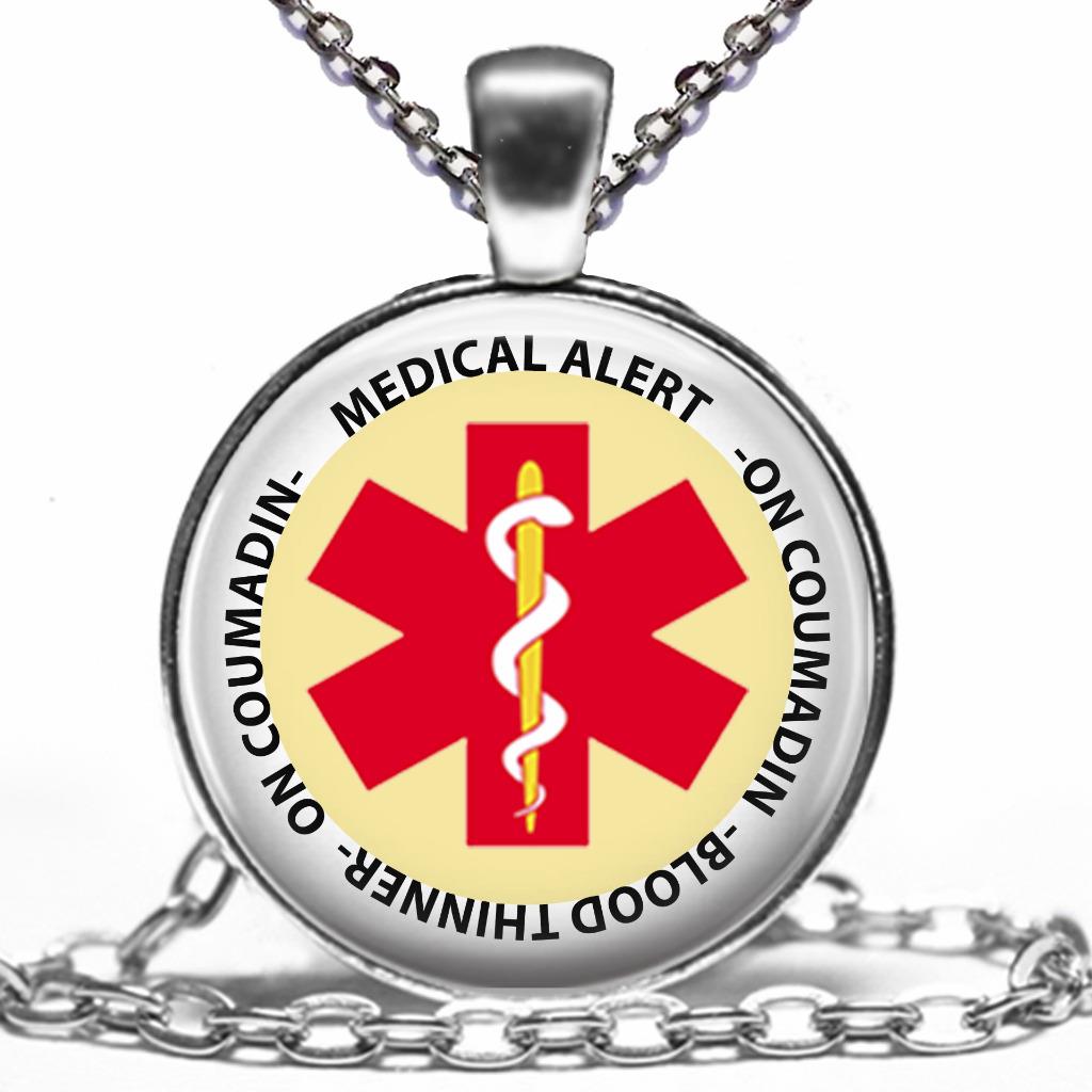 Medical Alert On Coumadin Blood Thinner Necklace Glass Top Pendant on