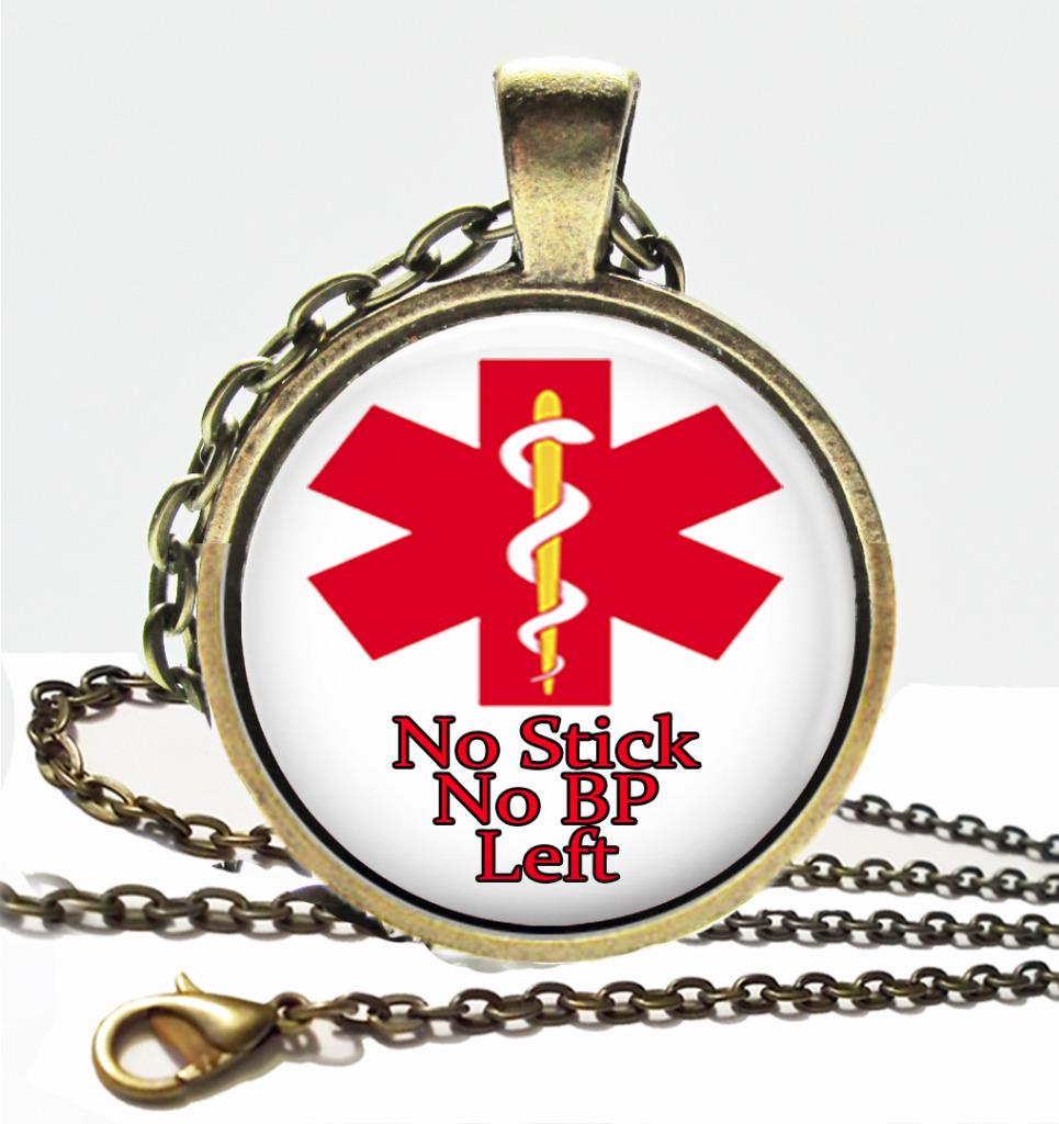 Medical Alert Necklace No Stick No BP Left Glass Top Fashion Pendant