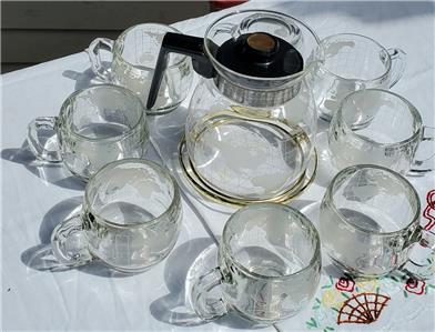 Vtg 70s Nestle World Globe Frosted Etched Glass Coffee Set 9 Pc
