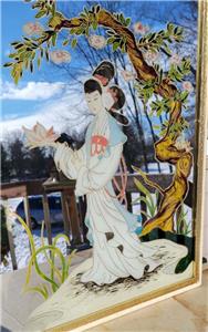 Vtg Chinese Lady Reverse Painted Print Wall Mirror Gold
