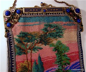 Antique Micro Beaded Scenic Purse with Exceptional Enamel & Jewel Frame ...