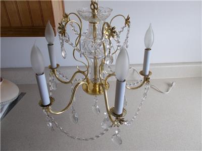 Polish Brass Lead Crystal Chandelier Ceiling Lamp Vintage Antique