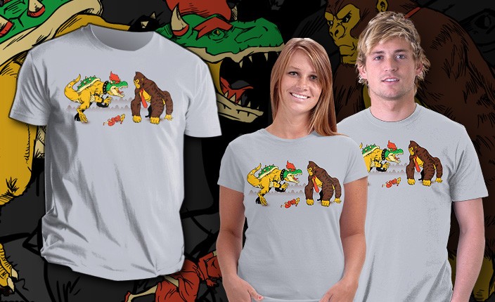 Mario Donkey Kong as King Kong VS. Bowser as T-Rex Dino Teefury Men Shirt RARE - Picture 3 of 3