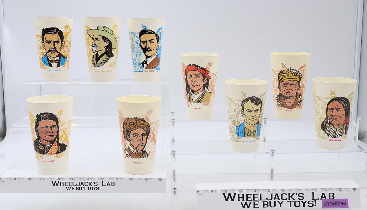 Set of 9 Wild West 1973 7-11 Plastic Slurpee Cups Buffalo Bill Doc Holiday