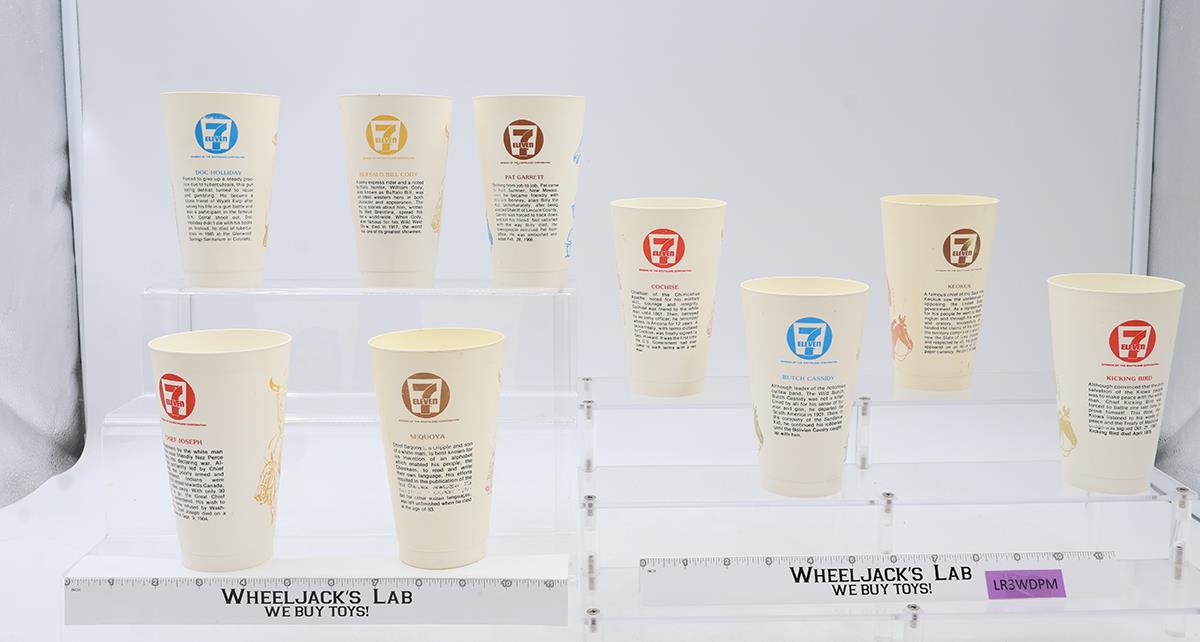 Set of 9 Wild West 1973 7-11 Plastic Slurpee Cups Buffalo Bill Doc Holiday