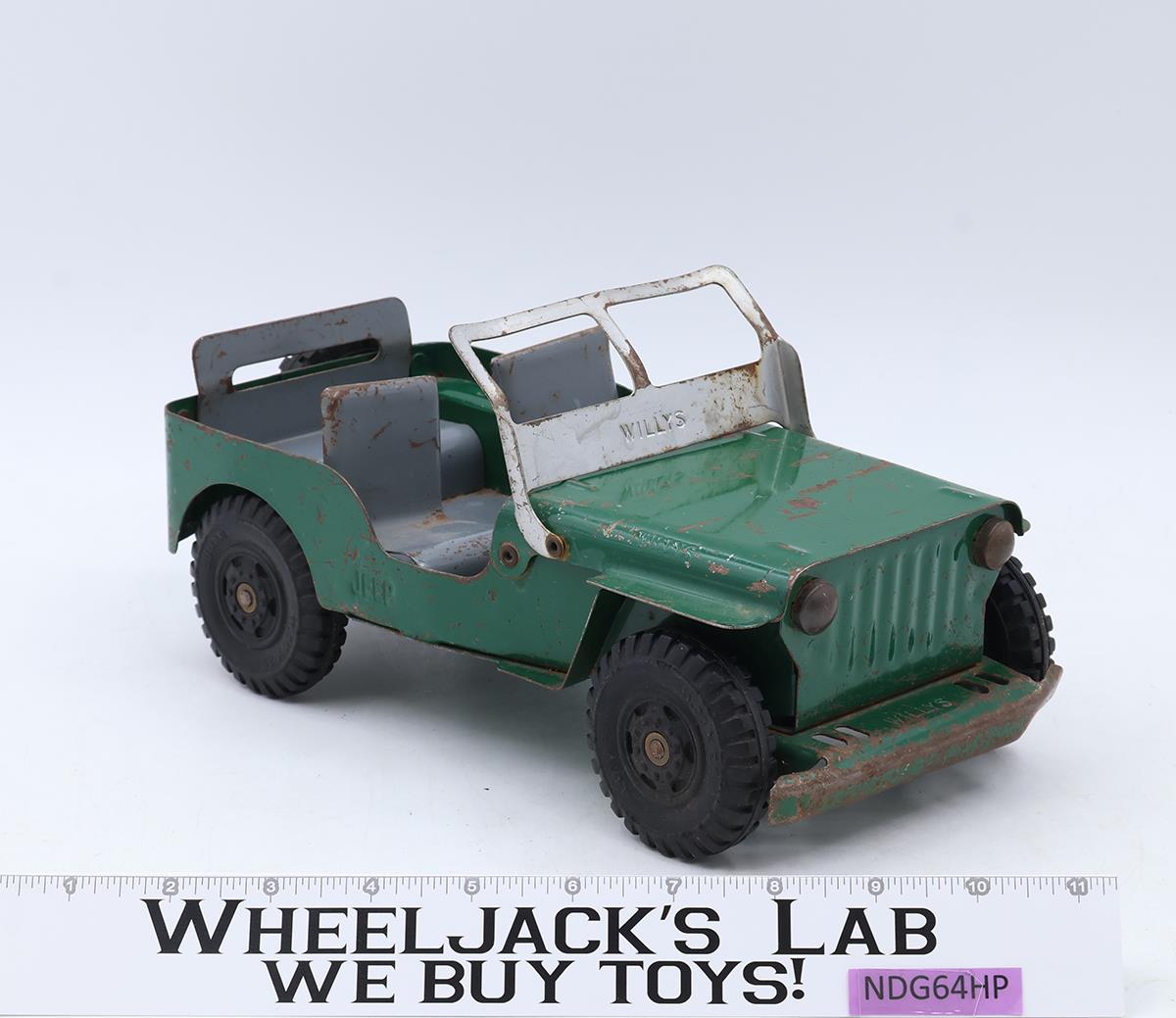 Green Willys Jeep Army Vehicle Pressed Steel 1950s Marx Lumar Vintage 11" Long