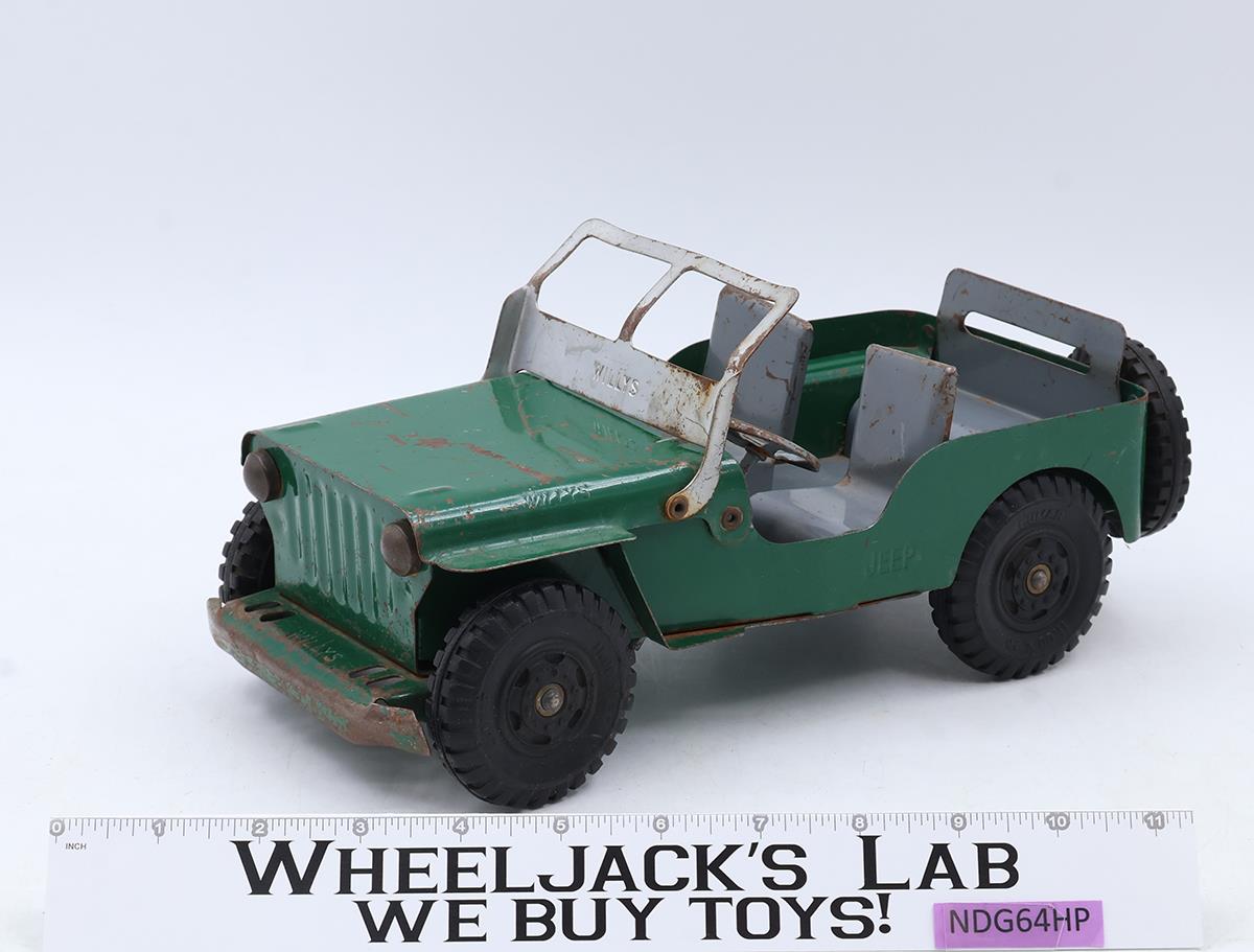 Green Willys Jeep Army Vehicle Pressed Steel 1950s Marx Lumar Vintage 11" Long